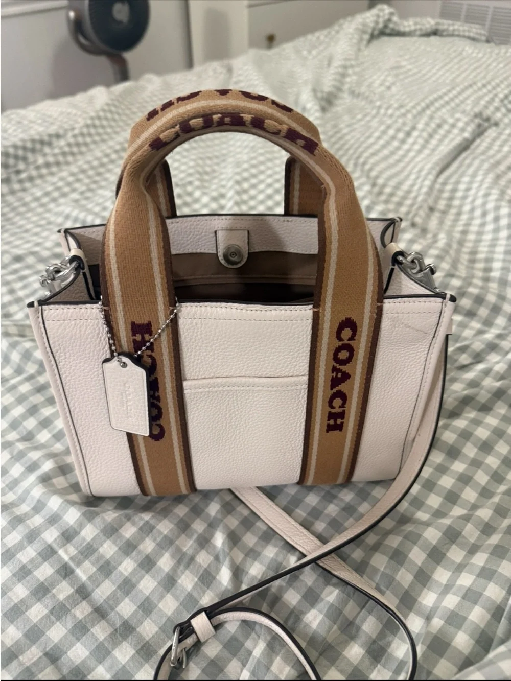 Coach Silver/Chalk Tote with Tan Stripe Handles